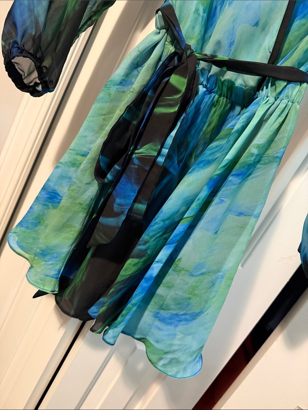 Dolcessa Sheer Blue-Green Wrap romper Dress with Black Trim - Picture 3 of 4